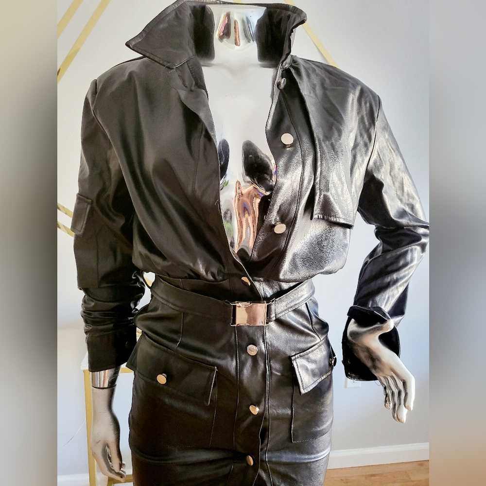 ***LBD Faux Leather Belted Dress***